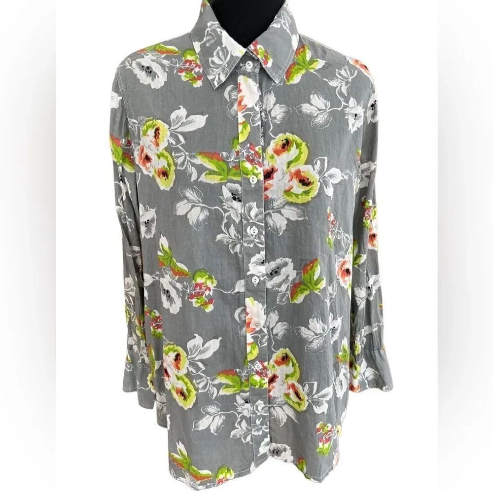 Soft Surroundings gray floral button down 100% soft cotton shirt, size XS